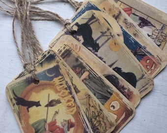 Grunge Halloween Gift Tags, Witch, Cat & Pumpkin, Set of 8