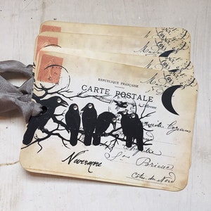 Halloween Raven Postcard Tags NEVERMORE Fall/ Autumn Tags, set of 4