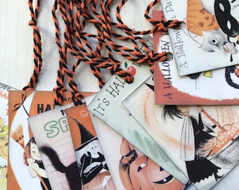 Vintage Halloween Tags Vintage Children Fall Festival Favor Tags Gift Wrap Class Party Favors set of 9 Orange and Black Bakers Twine