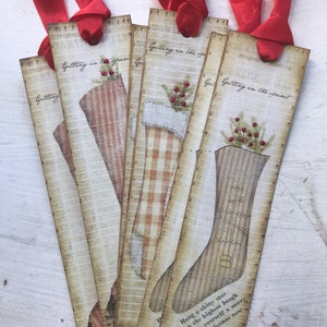 Christmas Holiday Gift Tags Bookmarks Primitive Christmas Stockings Glitter Glue Seam binding Set of 6