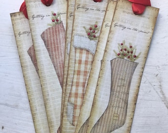 Christmas Stocking Gift Tags, Primitive Style Bookmarks, Set of 6