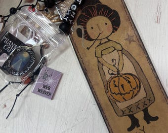 Halloween Journal Charm Bookmark Primitive Witch Bookmark with Charms and Dangles Witchy Fun