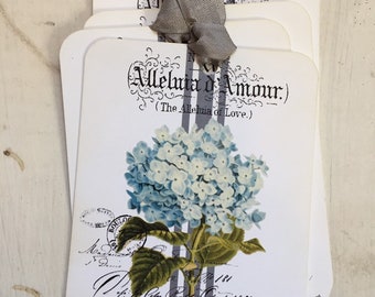 Gift Tags Blue Hydrangea French Script Grain Sack Distressed Wood Tags French Farmhouse Decor