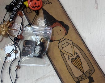 Halloween Journal Charm Bookmark Primitive Witch Bookmark with Charms and Dangles Charmed Spell