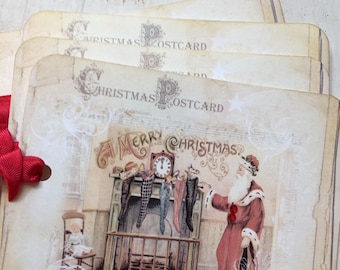 Vintage Santa Christmas Gift Tags, Shabby Chic Holiday Embellishments (Set of 4)