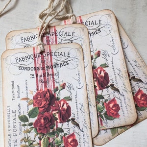 Gift Tags French Counry Red Roses Tags French Style Tags French Script Tags Farmhouse StyleTags Cottage Chic Tags Fixer Upper