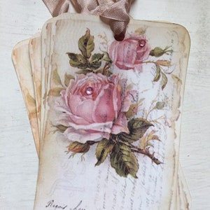 Gift Tags Shabby Chic Vintage Roses French Postcard Hang Tags with Hand Tattered Seam Binding Set of 4