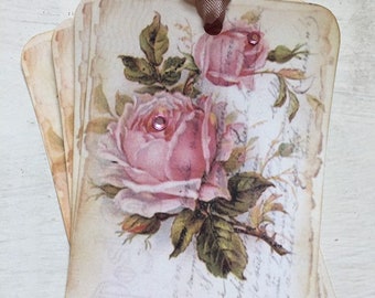 Shabby Chic Gift Tags: Vintage Roses, French Postcard, Set of 4