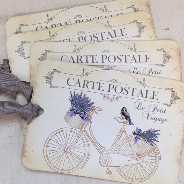 Tags Carte Postale Gift Tags Lavendar Flowers Provence FRENCH Inspired Tags French Decor Bicycle and Bird Tags