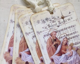 Etiquetas de regalo navideñas de Noche de Paz, estilo vintage, juego de 4