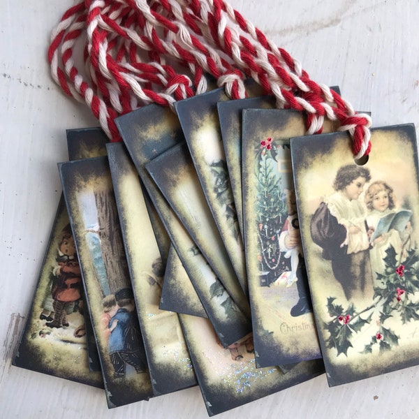 Assorted Vintage Children Tags Primitive Distressed Christmas Tags Children Presents Angels Holly Berries Old World Santa Tags Set of 12