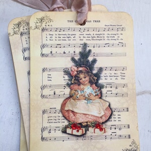 Gift Tags Shabby Chic Christmas Gift Tags Vintage Christmas Tree Music Sheet Christmas Girl Rose Beige Seam Binding