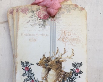 Handmade Christmas Gift Tags, Old World Reindeer, Set of 4