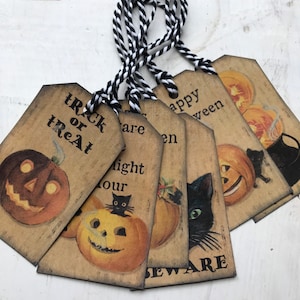 Gift Tags Assorted Primitive Halloween Black cat Jack o lantern cauldron Set of 6