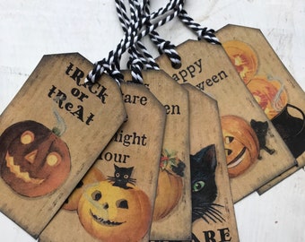 Gift Tags Assorted Primitive Halloween Black cat Jack o lantern cauldron Set of 6