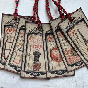 Paris Flea Market Christmas Tags French Country Christmas Holiday Gift Wrap Embellishment Red Twine Set of 6