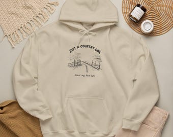 Just a Country Girl sketch fence hoodie | 'livin' my best life' country landscape sweatshirt