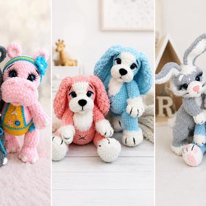May include: A collection of handmade crochet stuffed animals, including a gray hippo, a pink hippo, two pink dogs, two blue dogs, and two bunnies. The animals have detailed features and are made with soft yarn.