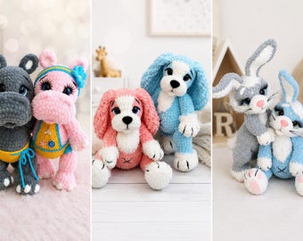 May include: A collection of handmade crochet stuffed animals, including a gray hippo, a pink hippo, two pink dogs, two blue dogs, and two bunnies. The animals have detailed features and are made with soft yarn.