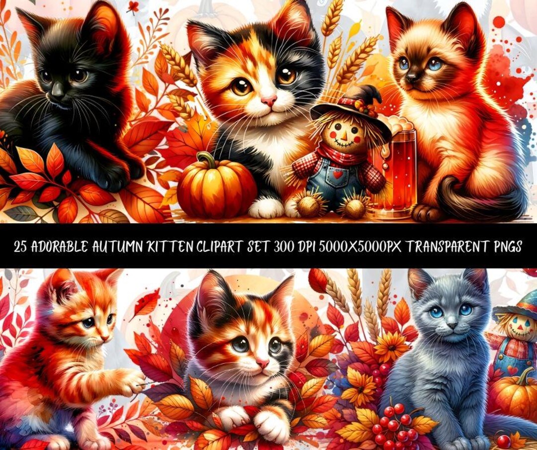 Fall Kittens Clipart Bundle – Autumn Designs, PNG Illustrations ...