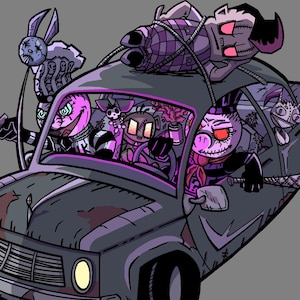 Puede incluir: Ilustración de un coche de dibujos animados lleno de criaturas cosidas. El coche es gris con parches de color óxido. Las criaturas son de varios colores, incluyendo rosa, morado y negro, y algunas sostienen armas.