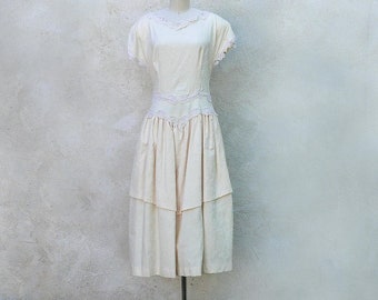 1980s Tea Length Cotton Ivory Drop Waist Wedding Dress