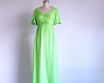 Corset Dress, Emma Domb, Empire Waist Green Gown, Size S, Union Made in the USA