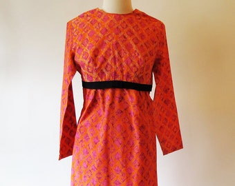 1960s Empire Waist, Size S, Orange Cotton Dress,  Long Sleeve Shift, VFG