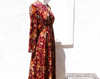 1960s Hippie Maxi Dress in Paisley Print Polyester,Long Brown Dress