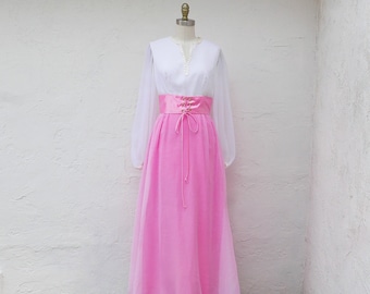 Pink Maxi Dress, 60s PInk Prom, Long Sleeve Formal