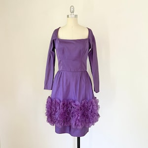 Vestido de coquetel de seda roxo dos anos 1950, tamanho P, vestido de showgirl, VFG