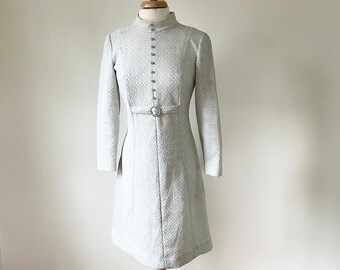 70s Silver Dress with Mock Neck and Rhinestones, Size M