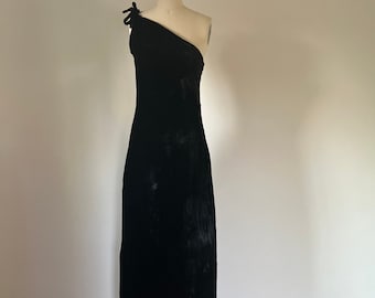 70s Black Velvet, One Shoulder, XS, Side Slit Dress