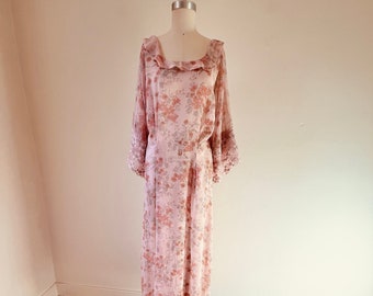 70s Bell Sleeve, Feminine Garden Party Transparent, Flowy Floral Dress, VFG