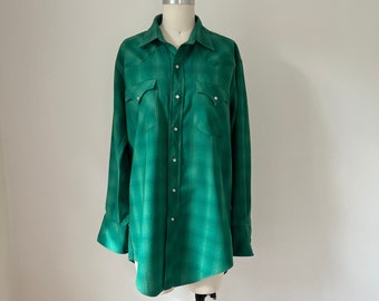 Vintage 1950s Western Plaid Wool Shirt, Size M, Emerald Green Shadow Plaid with Pearl Snaps, VFG