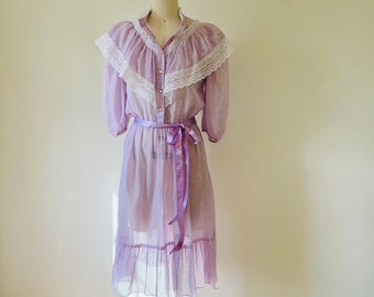 70s Lavender Voile Prairie Spring Dress, Small to Medium, VFG