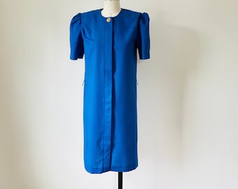 80s Bright Blue Secretary Dress with Shoulder Pads