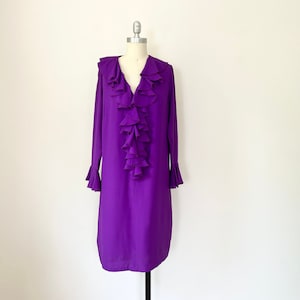 70s Purple Ruffle Dress, Size L, VFG