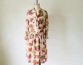 Vintage 1960s Shirtwaist Day Dress, Size L, Floral Silk Tea Party Dress, VFG
