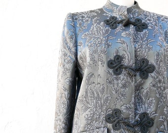 Vintage Valentino Evening Coat, Silver Satin Brocade, Lux Italian Designer, US Size 8/ EU 42, Asian Style Coat