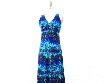 70s Floral Dress, Long Blue Boho Dress