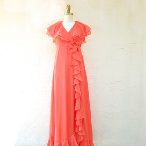 70s Evening Dress, 1970s Prom Dress, Peach Silk Chiffon Dress