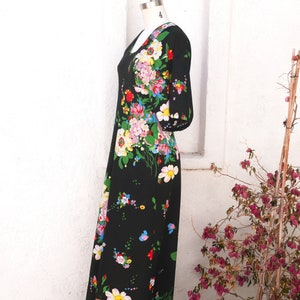 70s Flower Print Maxi, Size Small, Black Boho Dress