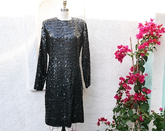 80s Sequin Disco Dress, Size M, Black Sequin Dress