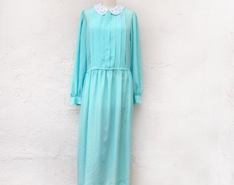 Long Aqua Dress with Long Sleeves and a Lace Collar
