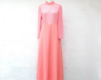 Vintage Brautjungfer Kleid, 1970er Jahre Abendkleid, Pfirsich Kleid mit Stehkragen