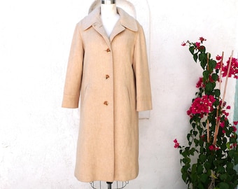 Beige Wool Coat, 70s Outerwear, Size M