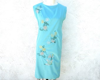 60s Mod Sky Blue Summer Shift Dress with Hand Embroidery