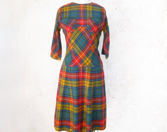 Vintage Winter Dress, Size S, 1950s Wool Plaid Fit and Flare Dress, Vintage Plaid Dress