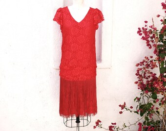 70s Disco Dress in Red Lace with Fringe, Size S